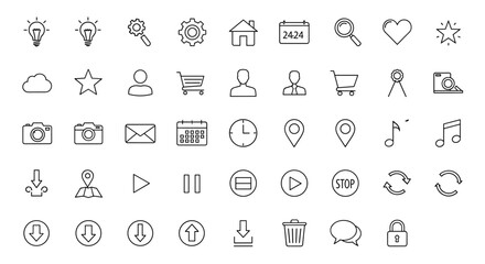 A comprehensive collection of thin line vector mini icons, presented in a clean, simple outline style on a white background, featuring a 24x24px grid and editable strokes for pixel-perfect design