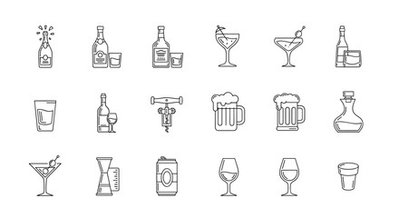 Collection of simple, modern line art vector icons representing various alcoholic beverages and bar tools, including champagne, whisky, cocktails, beer mugs, wine glasses, shot glasses, a corkscrew