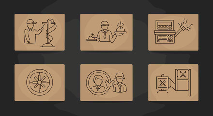 Set of linear icons representing teamwork, business, and human resources, including concepts like collaboration, service, technology, selection, and inspection, suitable for modern digital platforms