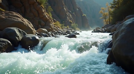 Rushing river flowing through a rocky canyon with sunlight filtering through trees