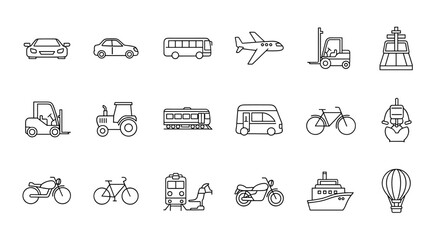 Diverse Collection of Transport Line Icons: A Comprehensive Set Featuring Cars, Buses, Forklifts, Airplanes, Tractors, Trains, Bicycles, Motorcycles, Ships, Hot Air Balloons, and More, All Rendered