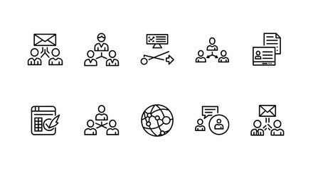 Networking icon set, including network connections, relationships, online networking, community, events, and social network icons. This solid icon collection represents various aspects of