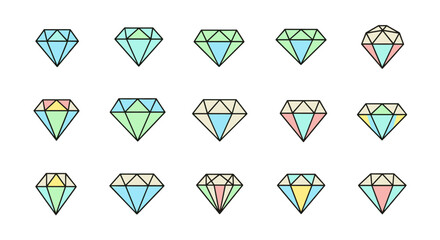 Collection of modern minimalist diamond icons in various pastel color combinations, presented in an ordered set on a clean white background. This vector cartoon illustration features a graphic