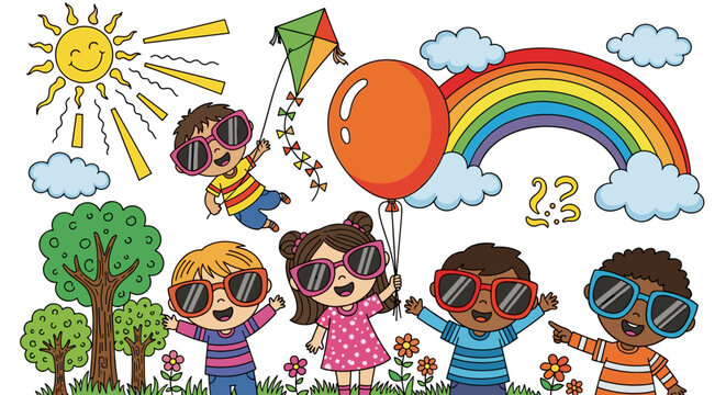 Vibrant hand-drawn doodle illustration of diverse children enjoying a sunny day outdoors, wearing sunglasses, flying a kite, holding a balloon, with a rainbow and cheerful sun in the background - Powered by Adobe