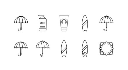 Collection of simple line art icons representing summer beach essentials: umbrellas for sun protection, sunscreen lotion and cream, surfboards for water sports, and a lifeline for safety, perfect for