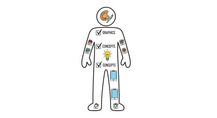 Creative Human Silhouette Representing a Designer's Toolkit: Featuring Checklists for Graphics and Concepts, a Lightbulb for Ideas, Smartphones for Apps, and Art Supplies like a Palette and Brush on