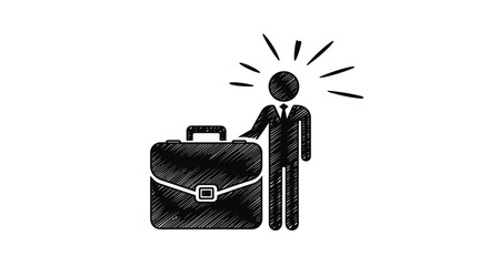 Minimalistic linear pictogram of a businessman standing next to a briefcase, with radiating lines suggesting an idea or success, perfect for web design, app interfaces, social media, and business