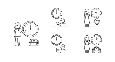 Set of thin line icons depicting people interacting with clocks, symbolizing time management, punctuality, and scheduling in a business or lifestyle context. These vector illustrations are perfect