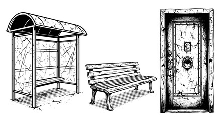 Grunge black and white illustrations of urban elements: a weathered bus stop shelter with a cracked glass roof, a rustic wooden park bench, and a heavy, distressed metal door with a large ring