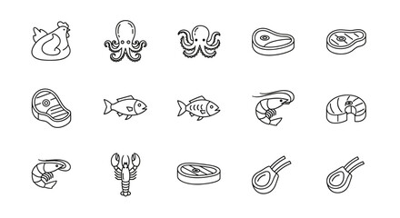 Modern Thin Line Icons Set: Meat and Seafood Collection Featuring Chicken, Octopus, Beef Steaks, Fish, Shrimp, Lobster, and Lamb Chops. Editable Vector Illustration for Culinary and Gastronomy