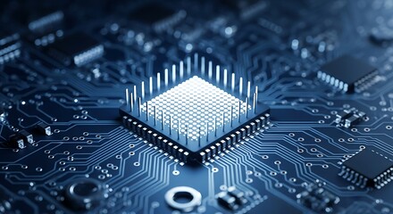 Close up of a glowing central processing unit on a futuristic blue circuit board