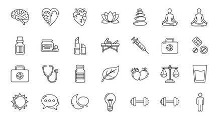 Set of line icons representing wellness, wellbeing, mental health, healthcare, cosmetics, spa, and medical concepts. This editable stroke vector collection includes icons for brain, heart, lotus
