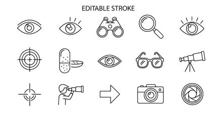 A clean and modern line icon set focused on vision and observation, featuring elements like eyes, binoculars, magnifying glass, telescope, camera, glasses, and target reticles, all with editable