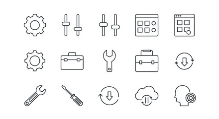 Set of outline vector icons representing general settings, including gears, sliders, control panels, toolboxes, wrenches, screwdrivers, system updates, and user preferences, presented as a clean and