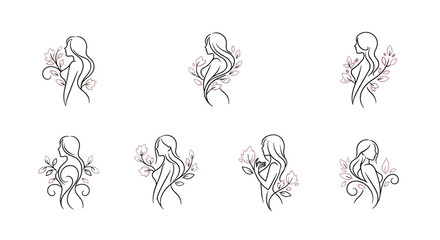Collection of minimalist linear vector illustrations featuring elegant female profiles intertwined with delicate floral elements, presented on a clean white background, ideal for branding and logos.