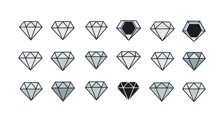 Modern minimalist diamond logo icon collection, a set of ordered line icons representing precious gemstones with clean geometric shapes and varying shades of grey and black, perfect for branding and