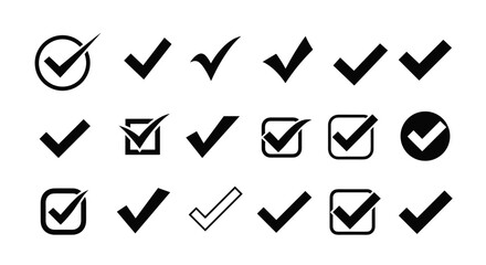 Collection of black check mark icons isolated on a clean white background, featuring various styles including circled, boxed, and simple checkmarks, representing approval, success, and completion