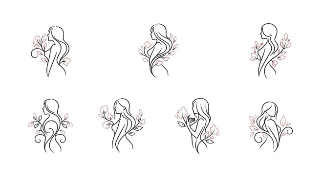 Collection of minimalist linear vector illustrations featuring elegant female profiles intertwined with delicate floral elements, presented on a clean white background, ideal for branding and logos.