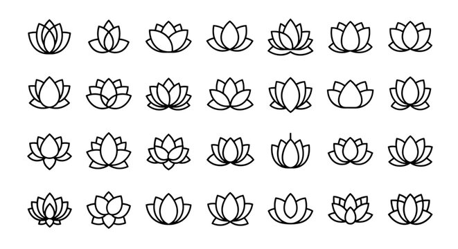 Collection of stylized lotus flower icons and logos, presented as clean line art on a white background, offering a versatile set of graphic resources for various design applications, symbolizing