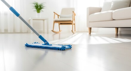 Mop cleaning a bright sunlit floor in a modern living room