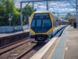 Passenger Train going through Summer Hill train station a suburban Sydney train Station NSW Australia