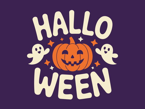 A vibrant Halloween-themed illustration featuring a joyful pumpkin and friendly ghosts, perfect for seasonal marketing, decorations, or event promotions related to Halloween.