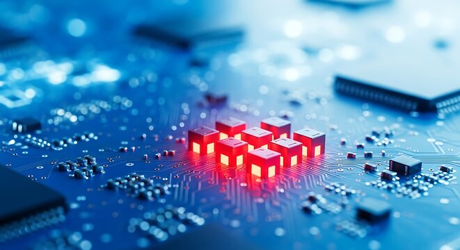 Close up of glowing red computer chip on a blue circuit board