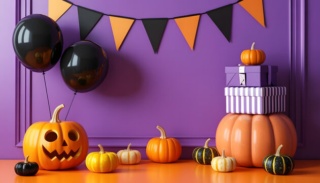 Festive halloween scene with pumpkins balloons and decorations on purple wall