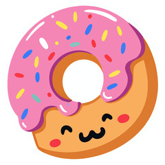 A donut with pastel icing and a face, biting its own edge playfully | kawaii cartoon style | soft pastel pinks, blues, and yellows | cute expression with sparkling eyes | smooth rounded design 