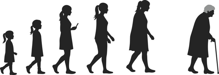 Female life stages silhouette walking progression from childhood to old age, aging woman timeline concept for healthcare and lifestyle themes.