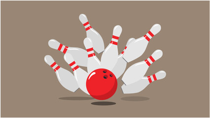 Red bowling ball hitting white pins flat vector illustration isolated on brown background