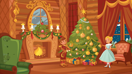 Children in festive attire admire a decorated christmas tree and fireplace in a cozy room