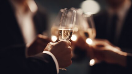 Business team celebrating project completion with champagne, festive corporate moment,