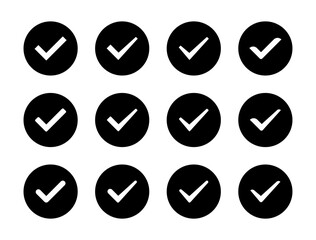 Check mark icon set collection in black circle. Tick and approval symbol. Checkmark and success sign