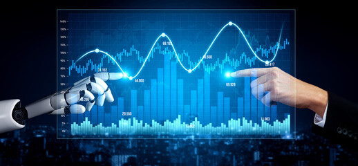 A human hand and a robotic hand point at a digital financial graph, emphasizing the interaction between technology and investment strategies in the modern economy. Scalp