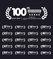 Set of white anniversary award logo isolated with laurel wreath on black background. vector illustration template design for web, flyers, poster, greeting card