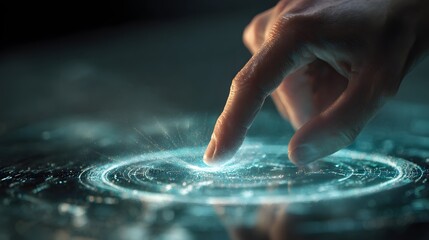 Illuminated fingertip making contact with a glowing digital interface, emitting bright turquoise light within a dark, futuristic environment.