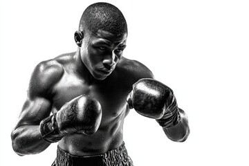 Boxer's Intensity: A focused boxer, muscles defined, eyes locked in concentration, ready to fight with gloves, showcasing strength and determination in monochrome.