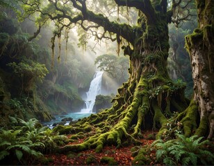 A serene woodland scene showcases a moss-covered, ancient tree with sprawling branches. A waterfall cascades in the misty background