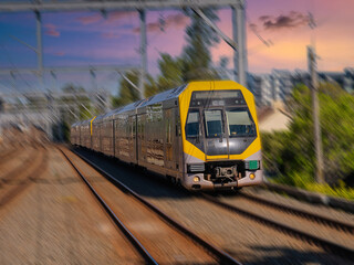 Fototapeta premium Passenger Train going through Summer Hill train station a suburban Sydney train Station NSW Australia