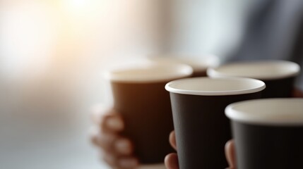 Team holding coffee cups together in office, morning motivation, teamwork energy,