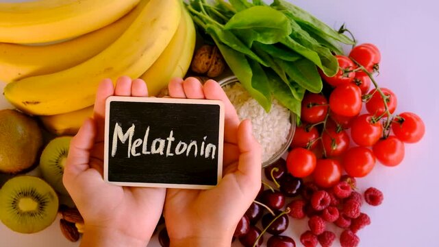Foods containing melatonin on a beautiful background. Selective focus.