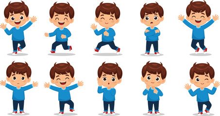 Boy character emotions, cartoon expressions set, child poses vector, emotional learning icons, facial expressions pack, educational illustration, isolated on white background