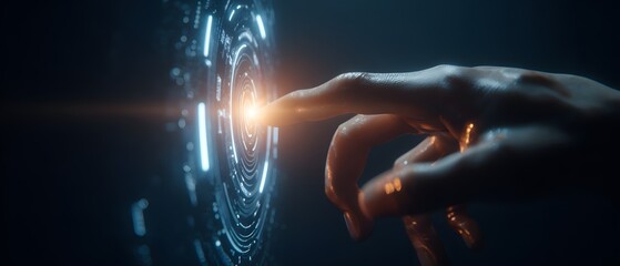 shot reveals a human finger touching a glowing circular interface, with bright illumination against a dark, moody background, evoking concepts of technology, connection, and innovation.