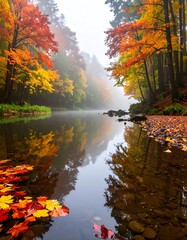 Obraz premium A serene river reflects the vibrant colors of autumn. Foliage in shades of red, orange, and yellow line the banks, partially obscured by mist