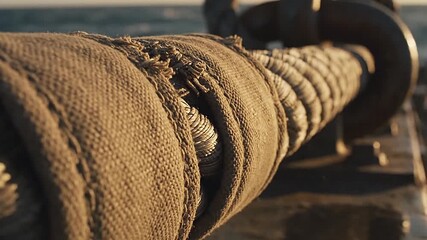 Chafing gear sleeves a hawser, stitched canvas hugging the strain points.