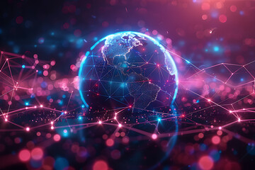 Obraz premium ネオンピンクとブルーが輝くサイバー地球と情報空間