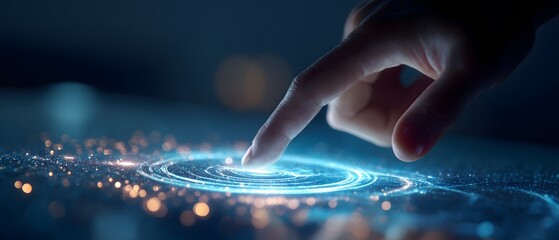 A human finger gently touches a glowing digital interface displaying concentric circles, highlighting innovation and connection.