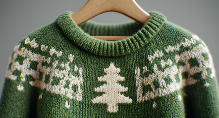 A green Christmas jumper with a white tree design on a hanger. Festive knitted holiday sweater for Christmas Jumper Day. Winter season apparel