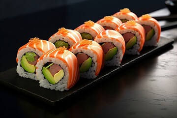 Minimalist Sushi Arrangement on Dark Slate Plate